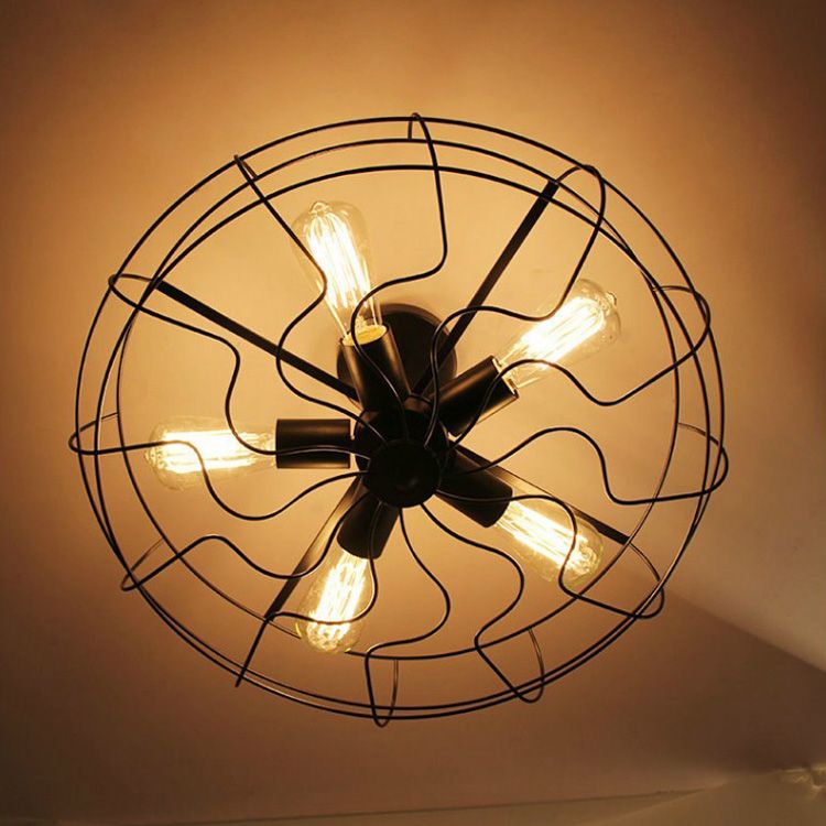 Plafonnier circulaire industriel vintage semi-encastré en fer forgé pour espaces intérieurs