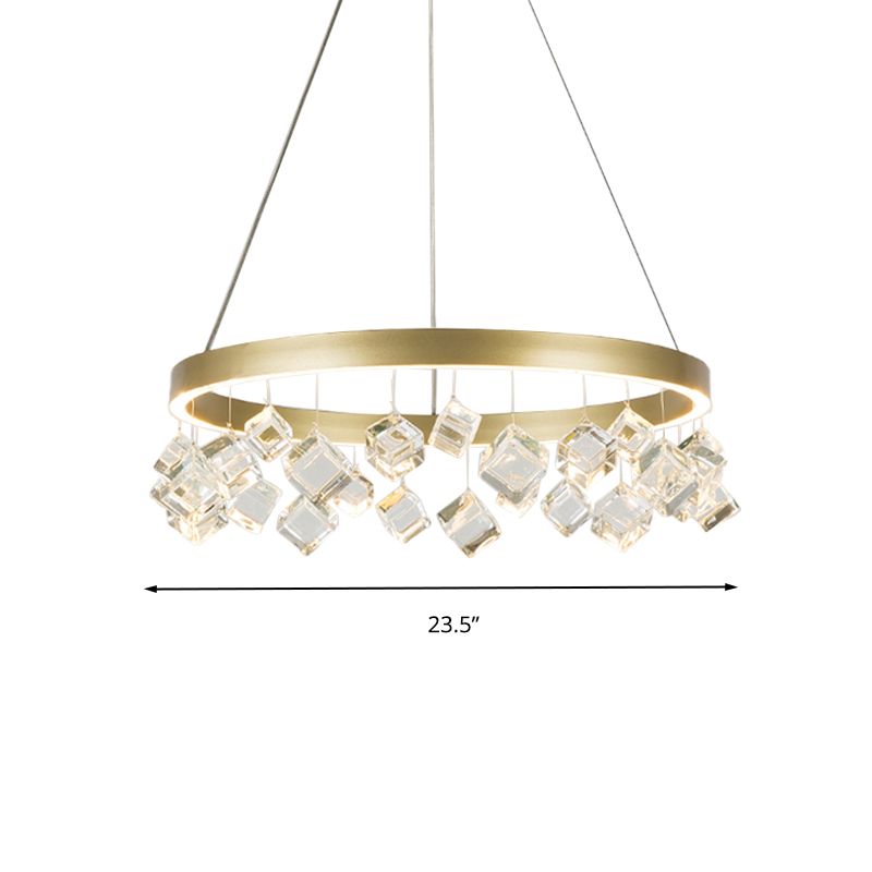 Metal Gold colgante colgante anillo LED LED Postmoderno Candelier en luz cálida/blanca con caída de cristal cúbico