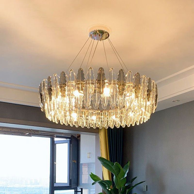 Modern Round Ceiling Hang Light Crystal Leaf 9 Bulbs Living Room Chandelier Light Fixture