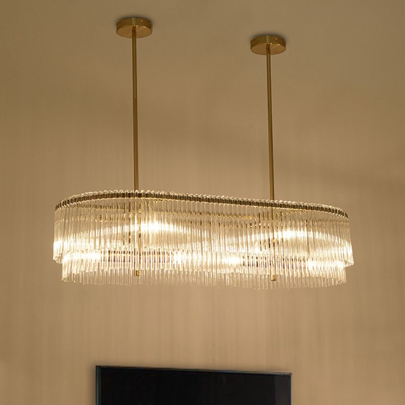 Brass Oval Island Lamp Postmodern 12 Lights Crystal Rod Hanging Ceiling Light for Dining Room