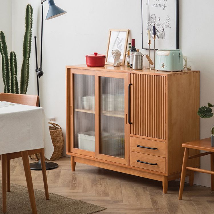 Mid-Century Modern Cabinet with Glass Doors Pine Wood Cabinet