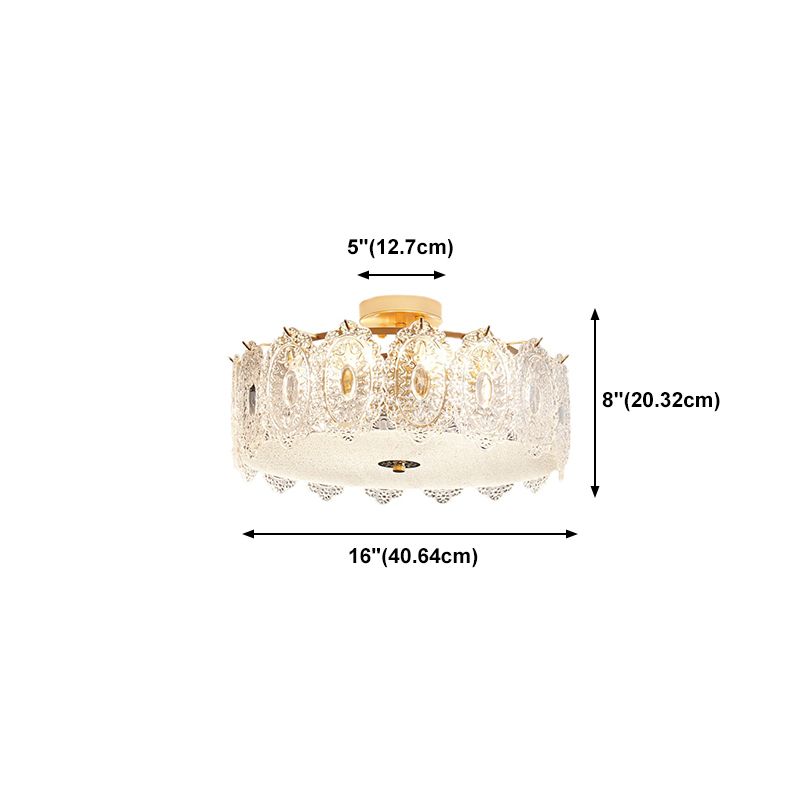Drum Semi Flush Mount Lamp Glass Minimalist Style Ceiling Mount Light in Gold for Bedroom