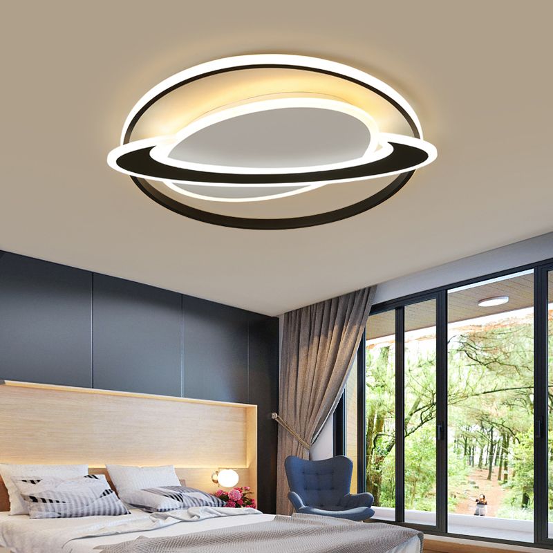 Ringed Planet Bedroom Ceiling Flush Light Acrylic Nordic LED Flush Mount Fixture in Black-White