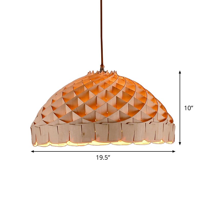 Dome Restaurant Pendant Wood 1-Light Asian LED Suspension Lamp with Hand Woven Design