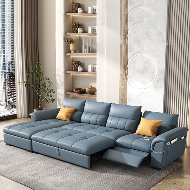 Stainless Steel Blue Genuine Leather Living Room Flared Arm Sofa