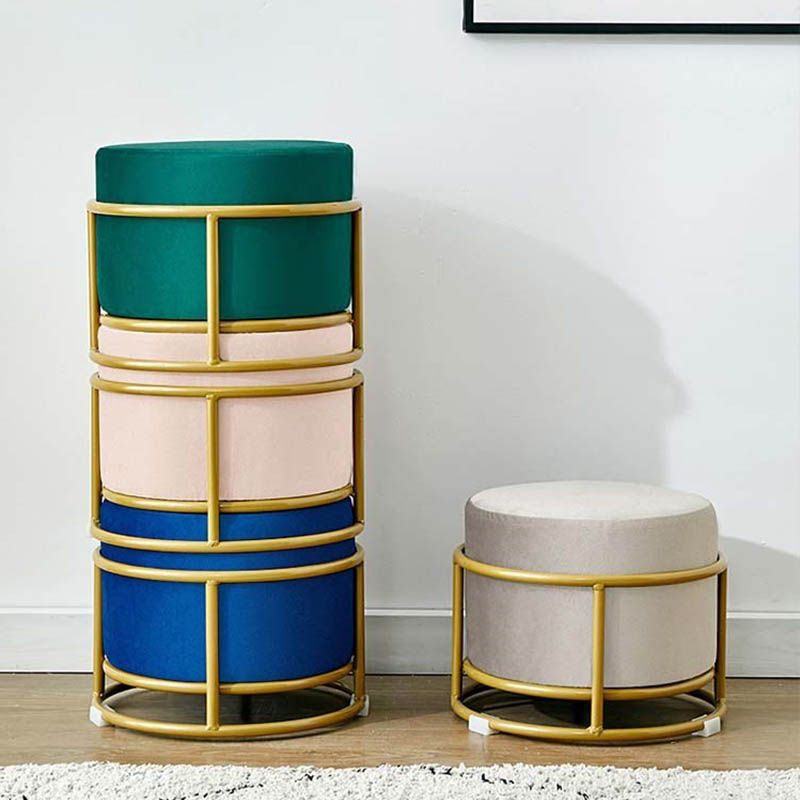 Luxury Ottoman Velvet Upholstered Solid Color Round Ottoman with Metal Legs