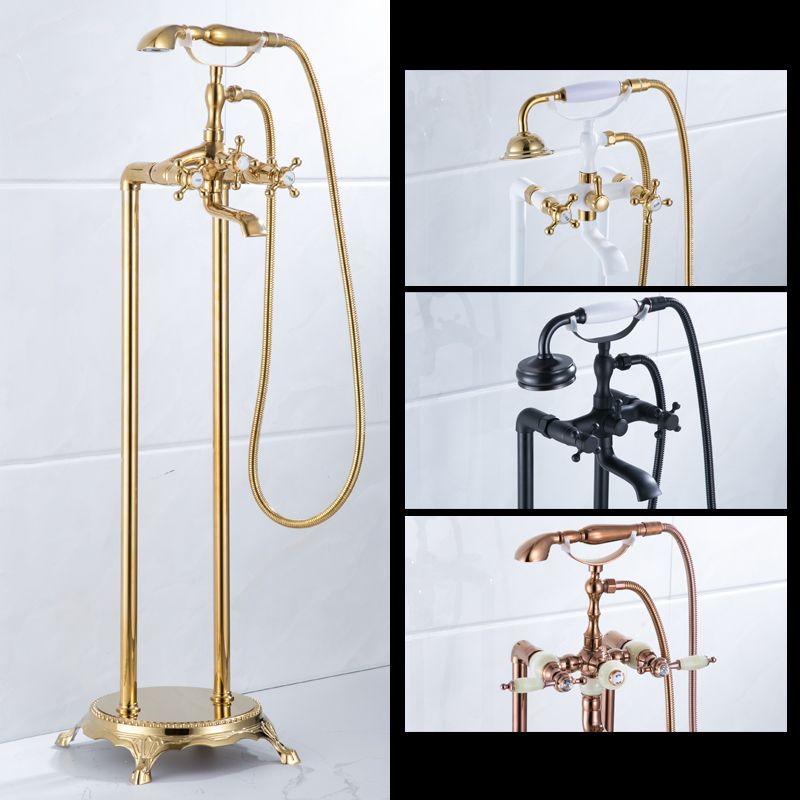 Floor Mounted Metal Clawfoot Tub Faucet Double Handles Freestanding Bathtub Faucet