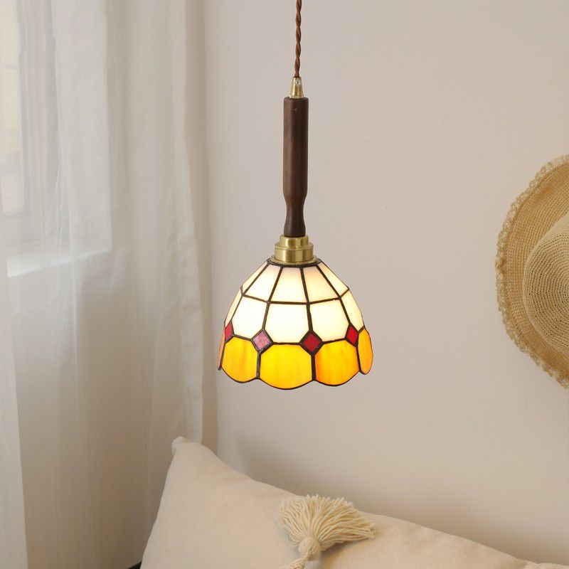 Tiffany-Style Handcrafted Pendant Light Stained Glass Cone Ceiling Hung Fixtures
