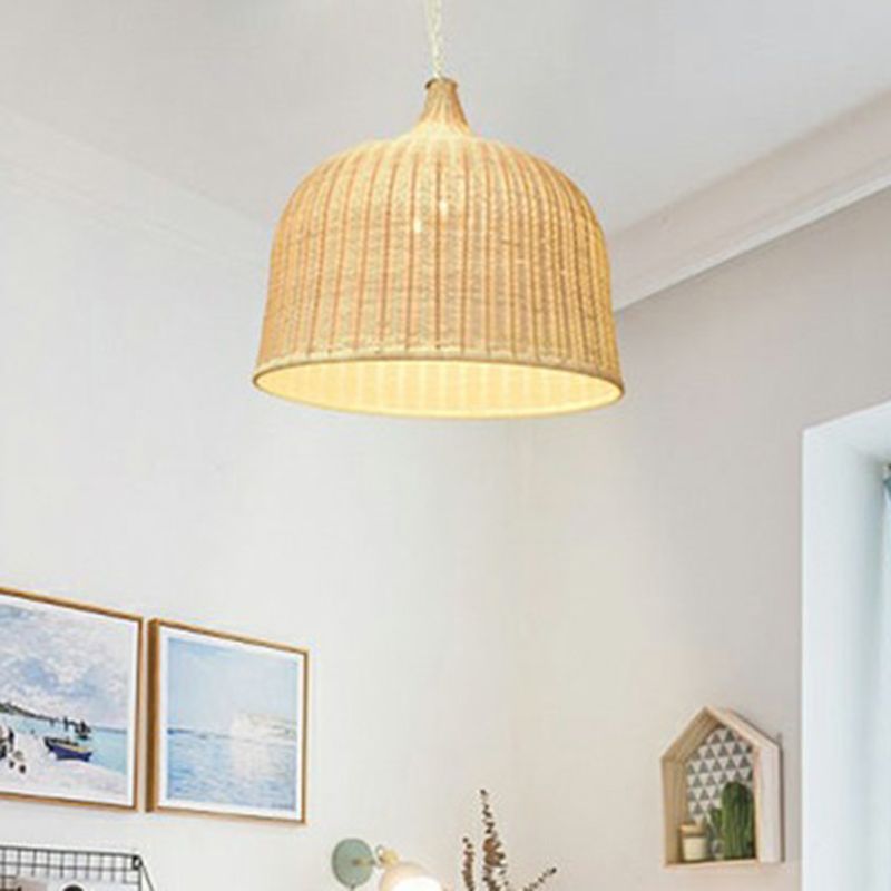 Modern Cloche Shaped Hanging Lamp Bamboo 1-Light Bedroom Ceiling Light Fixture in Wood