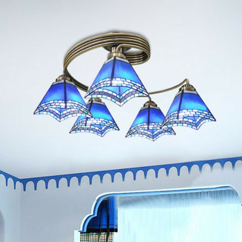 Mediterranean Spiral Ceiling Light Metal Semi Flush Mount Light with Stained Glass Shade