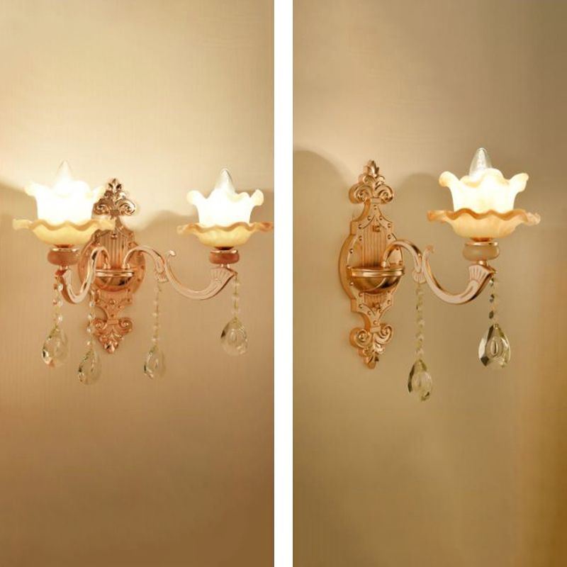 Gold Wall Mount Light Retro Glass Floral Shade Wall Lighting with Hanging Crystal