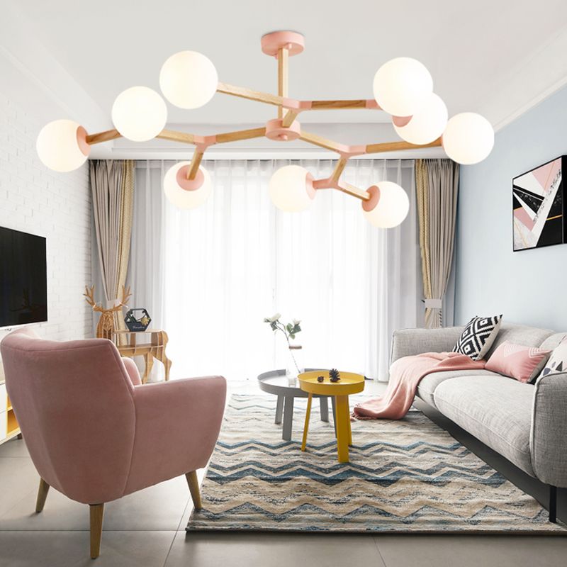 Living Room Chandelier Wooden Macaron Suspension Light with White Glass Shade