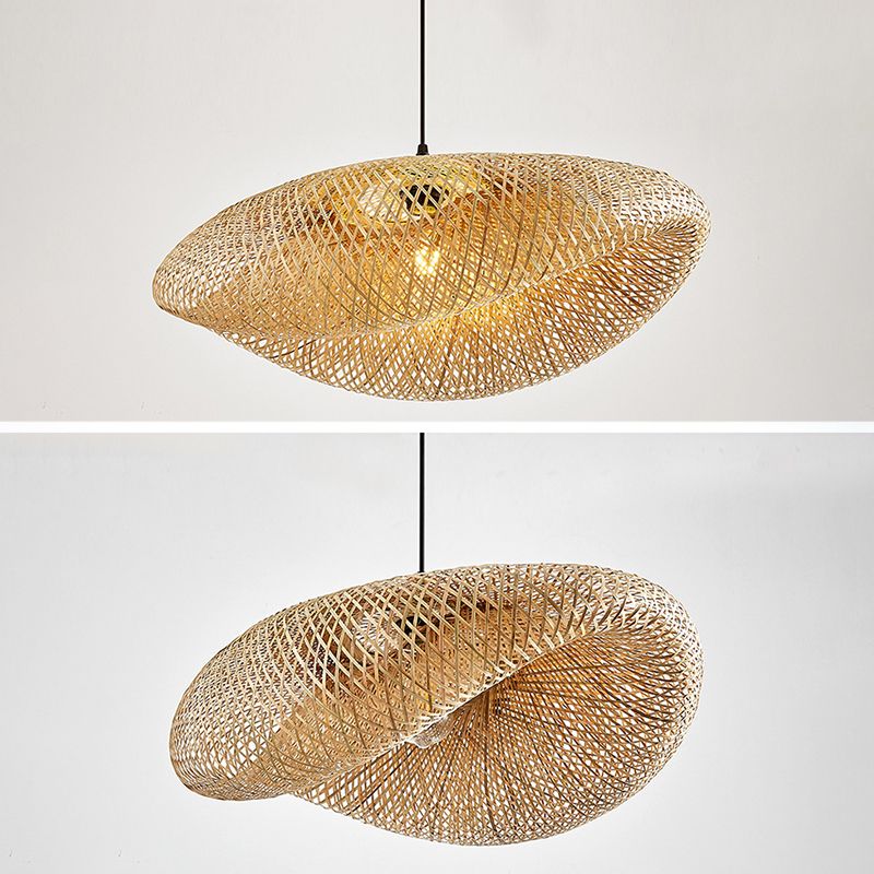 Japanese Style Bamboo Chandelier 1 Light Hanging Pendant Lights Hat Shape Handmade Cardboard Shade Kitchen Lamp