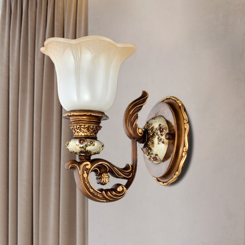 1/2-Light Wall Sconce with Floral Shade Cream Glass Traditional Bedroom Wall Mounted Lamp in Brown