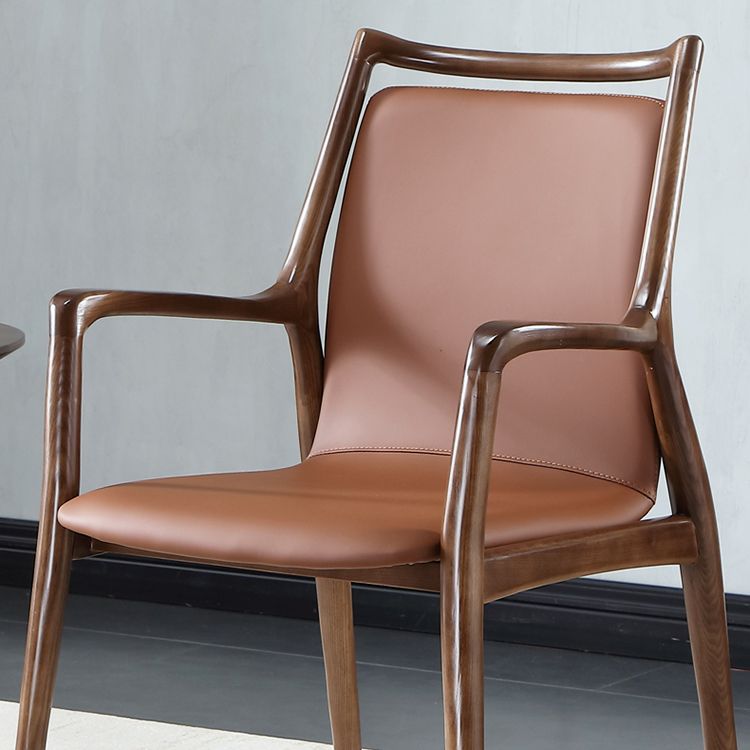 Nordic Style Leather Brown Arm Dining Chair in Solid Wood for Home