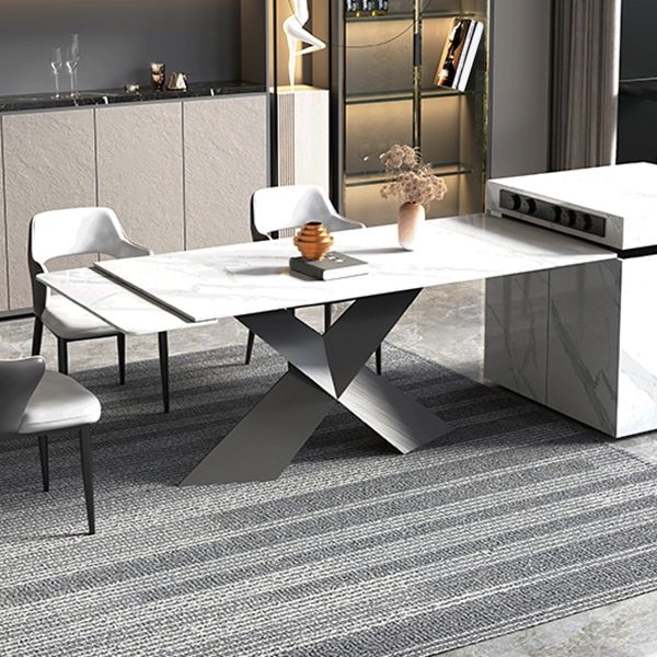 Modern Rectangular White Stone Top Dining Table with Black Steel Double Pedestal