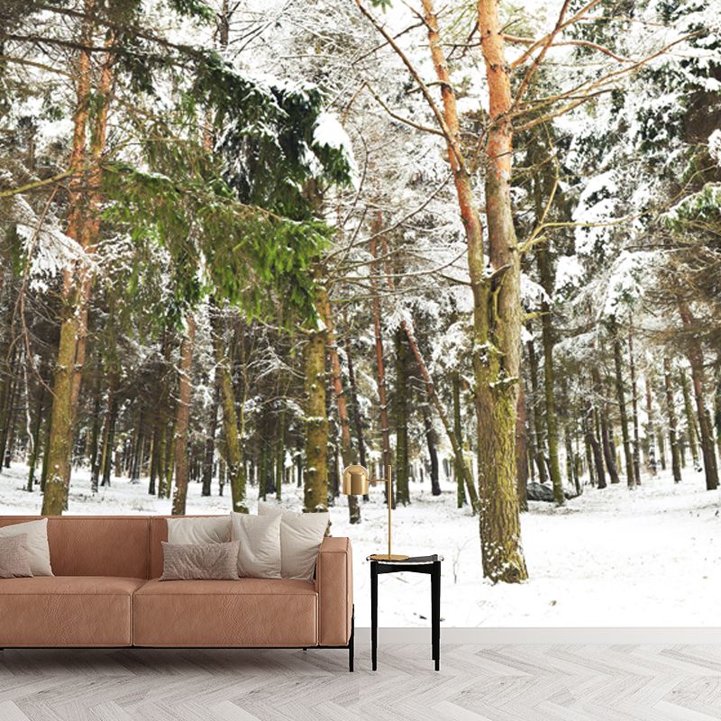 Non-Woven Washable Mural Modern Style Scenery Among the Snowy Forest Wall Decor in Green