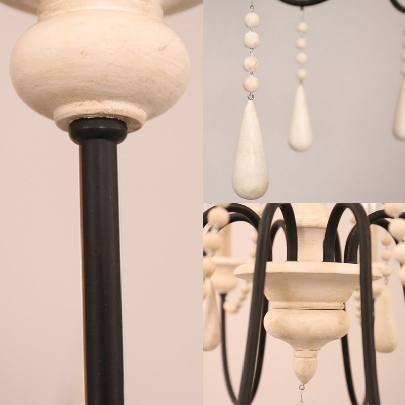 Traditional 2-Tier Hanging Chandelier Metal 12 Bulbs Suspension Light in White with Wooden Drop