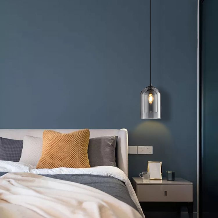 Wrought Iron Single Pendant Light in Modern Simplicity Glass Cylindrical Hanging Light for Bedroom
