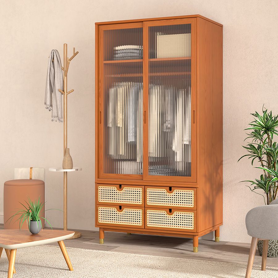 Contemporary Solid Wood Wardrobe Cabinet 2 Sliding Doors Sliding with Drawer