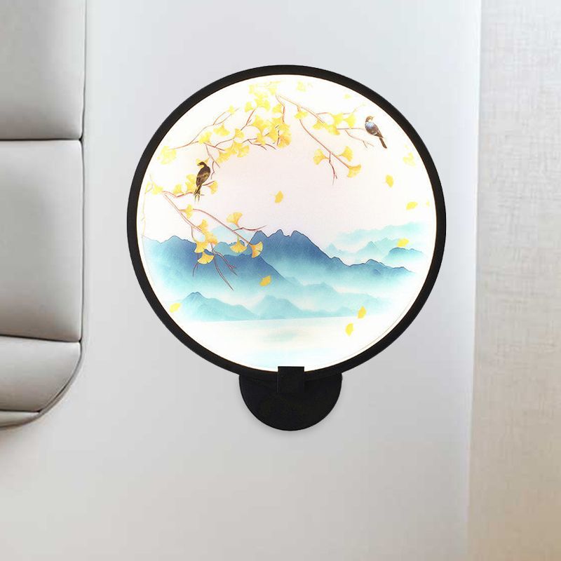 Acrylic Ginkgo/Blooming Plum Wall Sconce Chinese Style LED Mural Light Fixture in Black for Bedroom