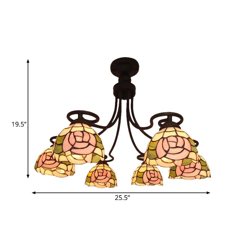 6 Lights Rose Semi Flush Mount Lighting Tiffany Pink Cut Glass Ceiling Light Fixture for Bedroom