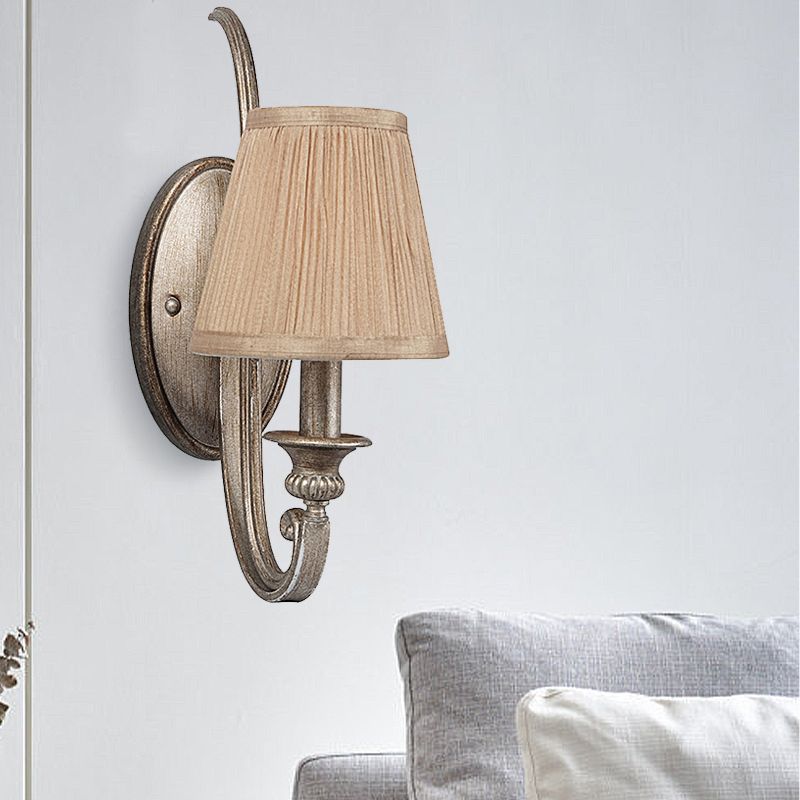 1-Head Pleated Shade Wall Sconce Traditional Tan Fabric Wall Mount Light for Living Room