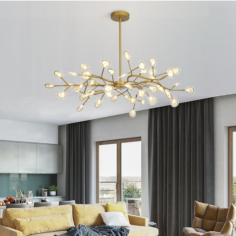 54-Light Unique Golden Linear Branch Firefly Chandelier for Dining Room, Adjustable Height