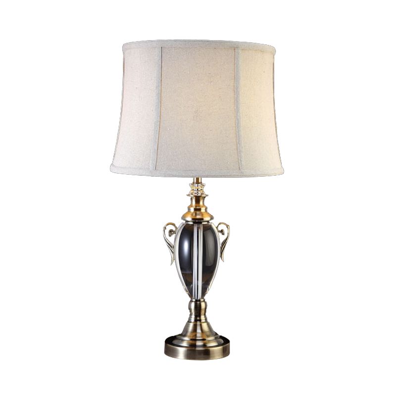 Cream Gray 1 Light Night Table Lamp Simple Fabric Paneled Bell Nightstand Light with Crystal Deco