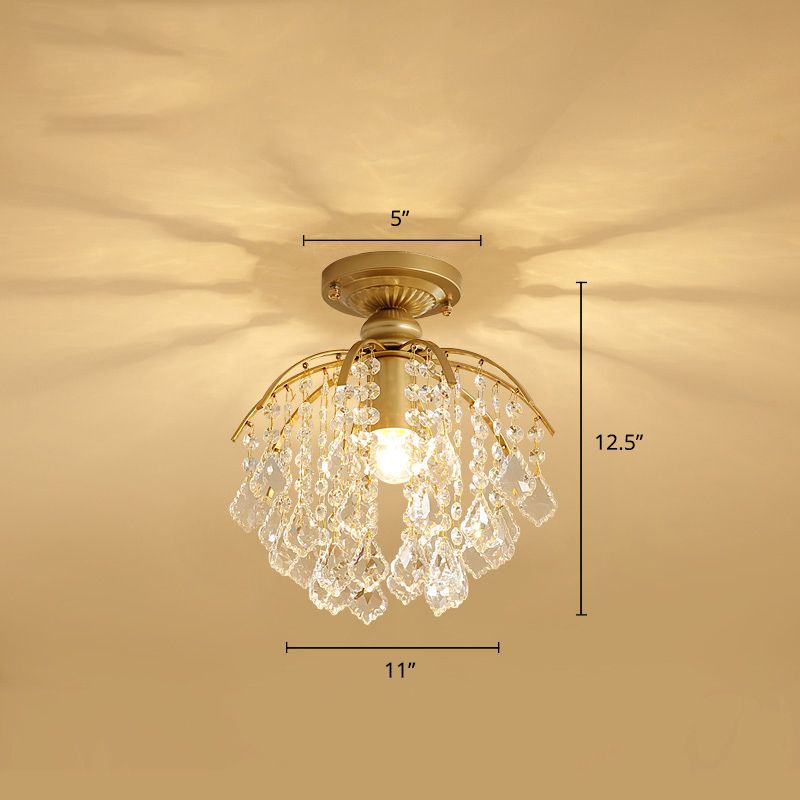 Gold Branching Ceiling Lighting Modern 1 Head Crystal Strand Semi Flush Mount Lamp for Aisle