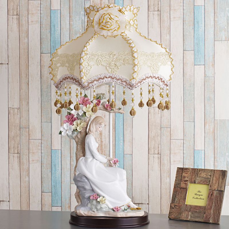 Ceramic Girl Night Lighting Countryside Single Beige Table Lamp with Fabric Shade and Pendant