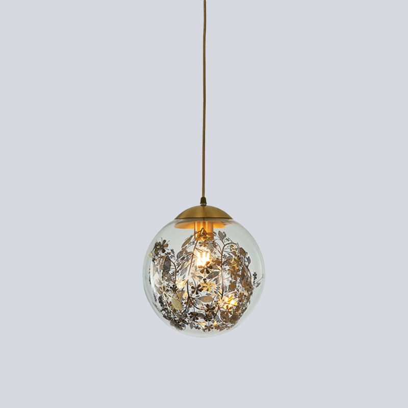 Yellow Ball Pendant Lamp Modern 1-Head Clear Glass Ceiling Light with Inner Shattered Leaves Decoration