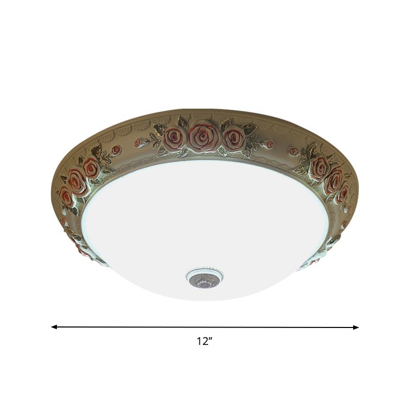 Illuminazione da soffitto vintage a cupola di design LED di vetro bianco con accento floreale, 12 "/16 "/19,5" largo