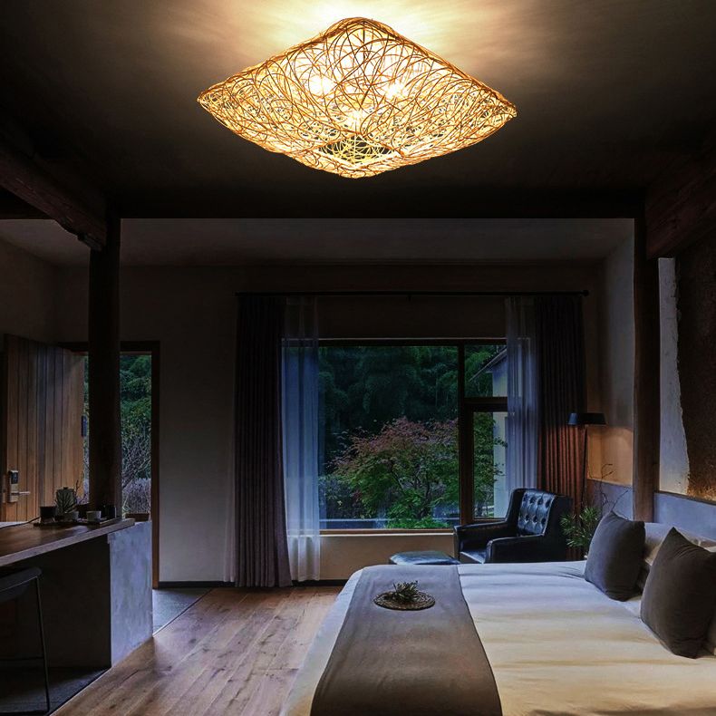 Asian Square Flush Mount Lighting 3-Light Rattan Flush Mount Ceiling Lights for Living Room