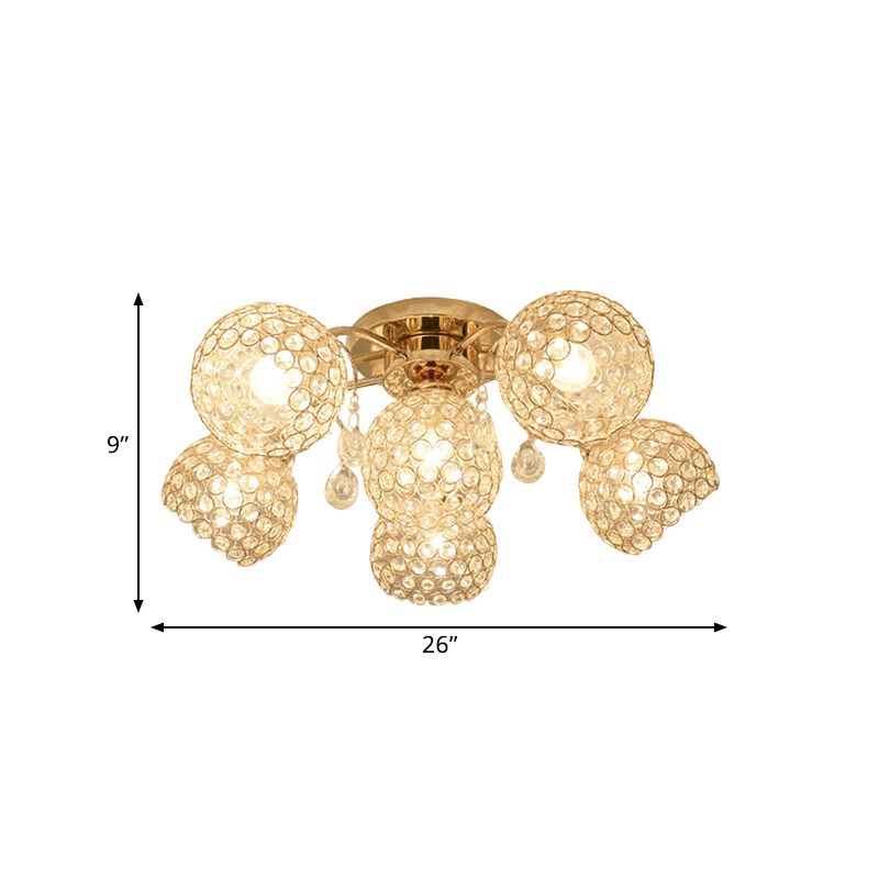 6/9 Heads Semi-Flush Mount Light Minimalist Ceiling Mounted Fixture with Sphere Crystal Embedded Shade in Gold