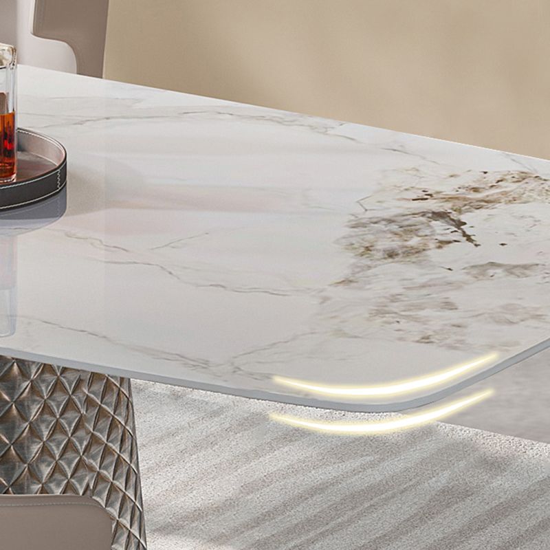 Modern White Rectangular Stone Top Dining Table with Silver Pedestal