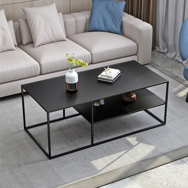 Rectangular Iron Cocktail Table with Shelf 19.7" H Frame Coffee Table in Black