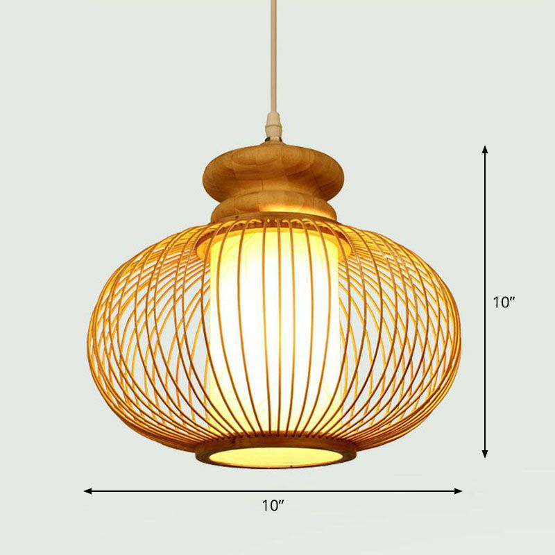 Handcrafted Ceiling Light Chinese Style Bamboo Single Restaurant Hanging Pendant Light in Wood