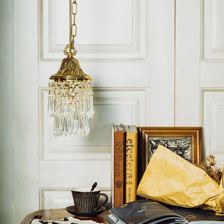 Vintage Wind Chime Crystal Pendant Lamp Golden Relief Crown Hanging Light for Bedroom