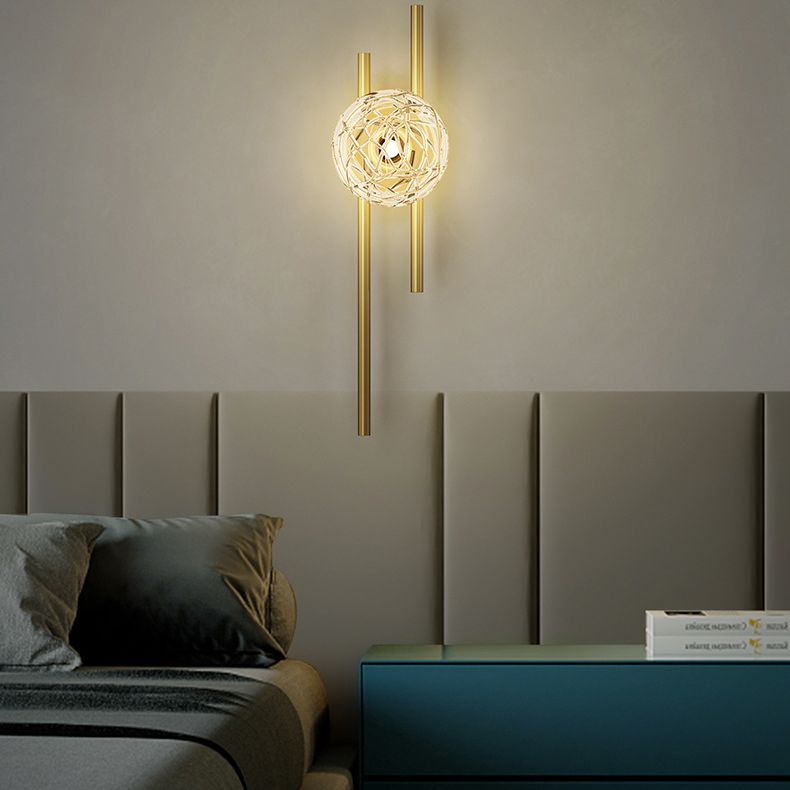 18" H Full Copper Wall Lamp Transparent Glass Globe Shade Nordic Style Metal Lines Sconce Lights for Bedroom