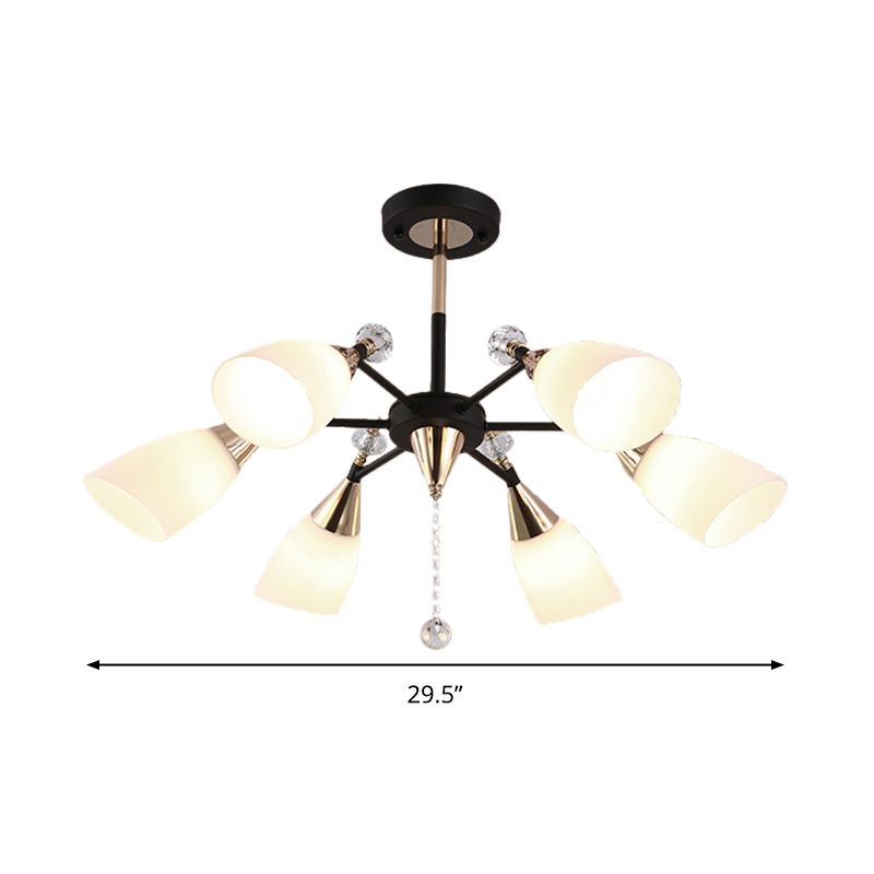 Flared Ceiling Chandelier Contemporary White Glass 6 Bulbs Hanging Light Fixture in Black