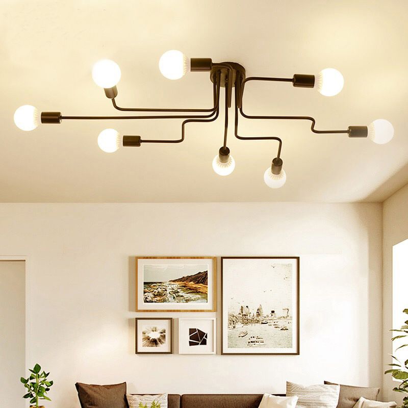 Black Bare Bulb Ceiling Lighting Retro Iron Angled Tangle Semi Flush Mount Lighting for Living Room
