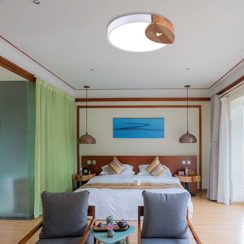 White Round Thin Ceiling Fixture Simple Acrylic 9"/12"/20" Wide LED Flush Mounted Lamp with Wood Guard, Warm/White Light