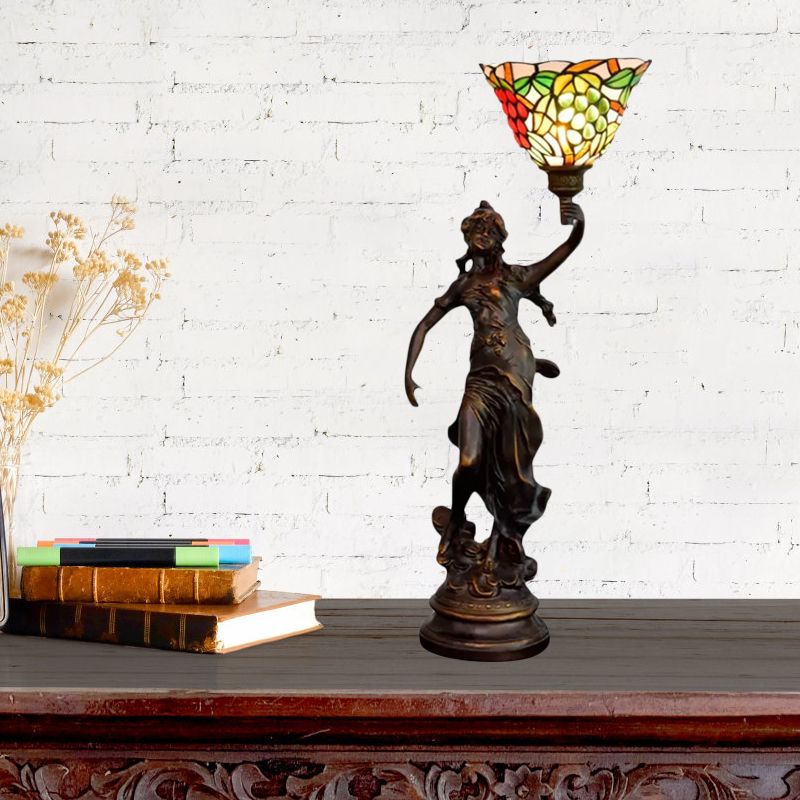 Angel Statue Night Stand Light Single White-Green/Orange/Green Floral Glass Tiffany Table Lighting in Bronze