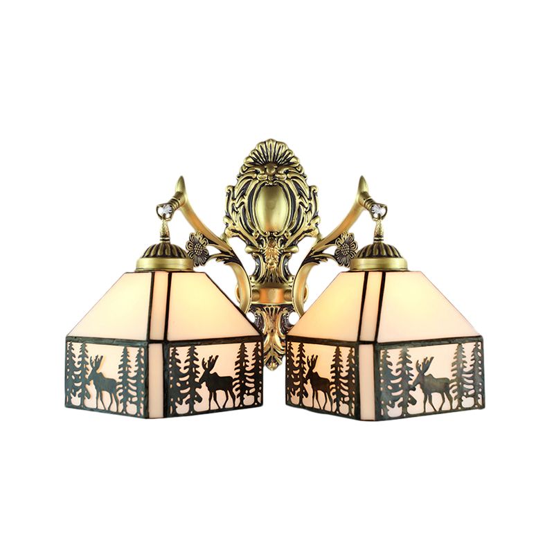 Small House Wall Sconce Retro Style Stained Glass 2 Heads Wall Light with Deer and Tree Pattern