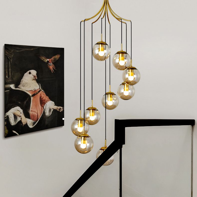 Modern Minimalist Multiple Globe Shade Pendant Light Gold Metal Long Hanging Lamp for Living Room