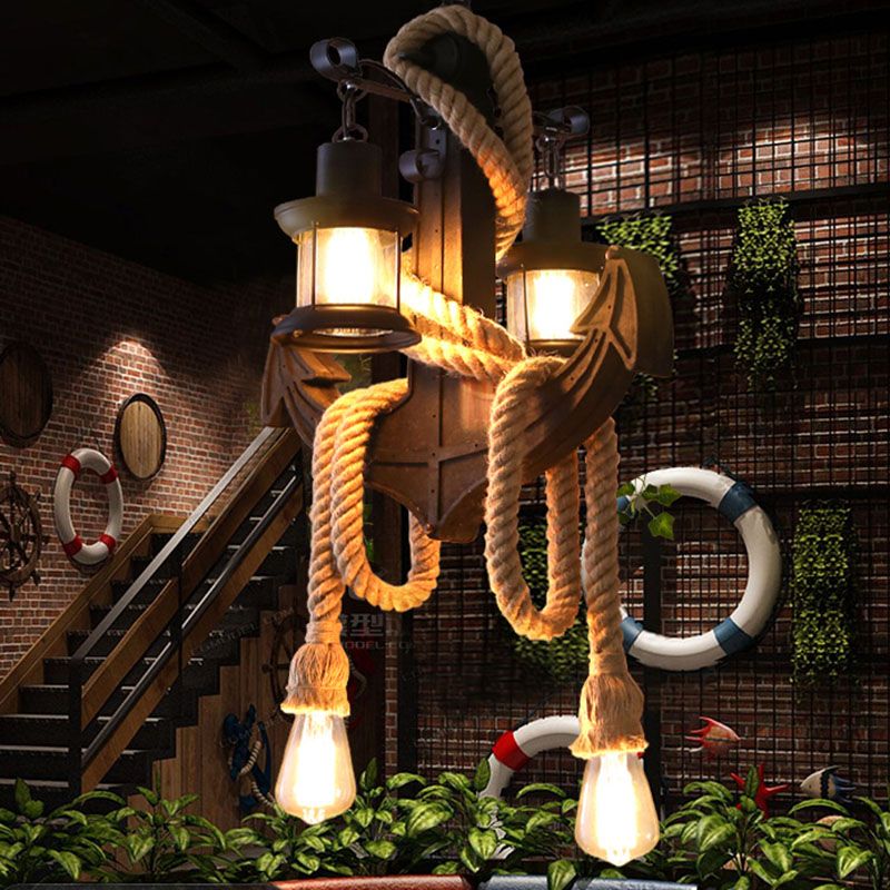 Pendard à 4 légers Vintage vintage Verre transparent en verre transparent en noir avec une corde réglable