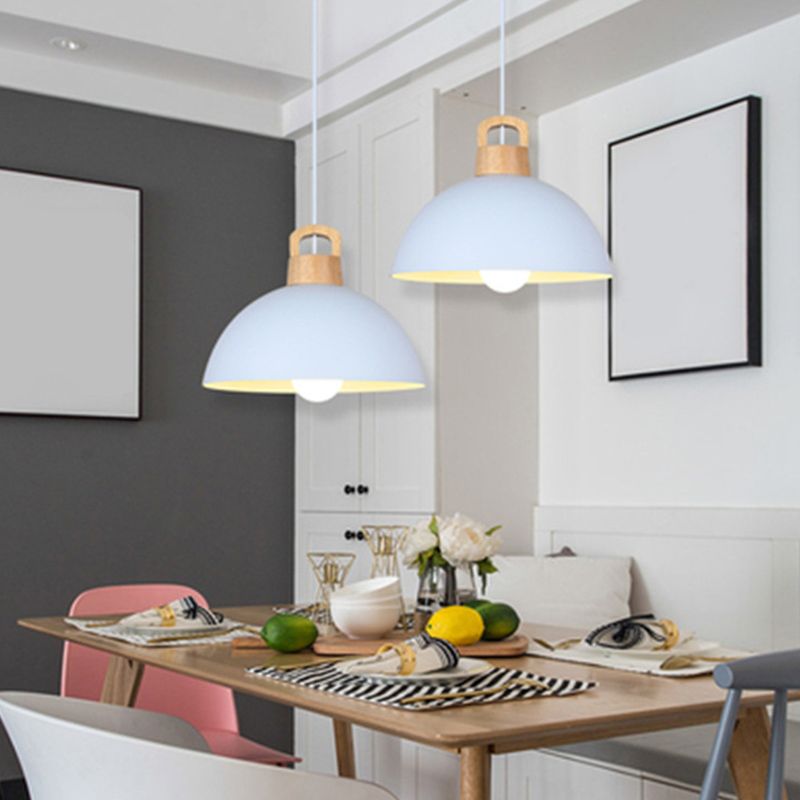 Macaron Style Domed Suspension Lamp Aluminum 1 Head Diner Pendant Light with Wooden Decor
