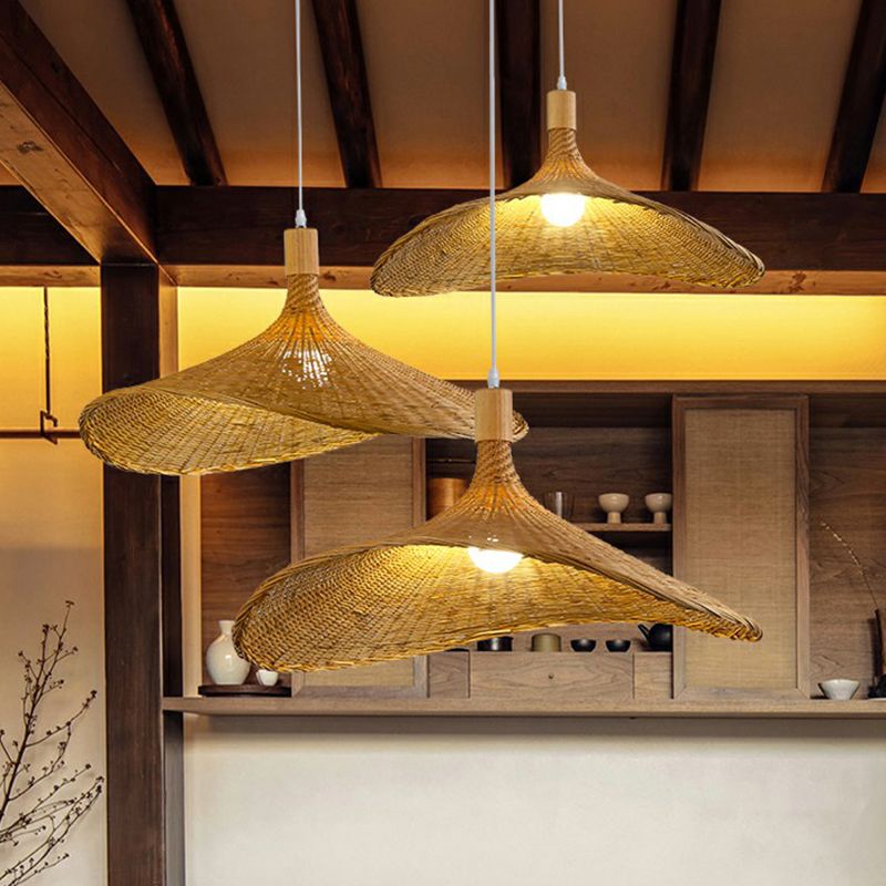 Hat Shaped Pendant Lighting Fixture Asian Bamboo 1-Light Wood Hanging Lamp for Tearoom