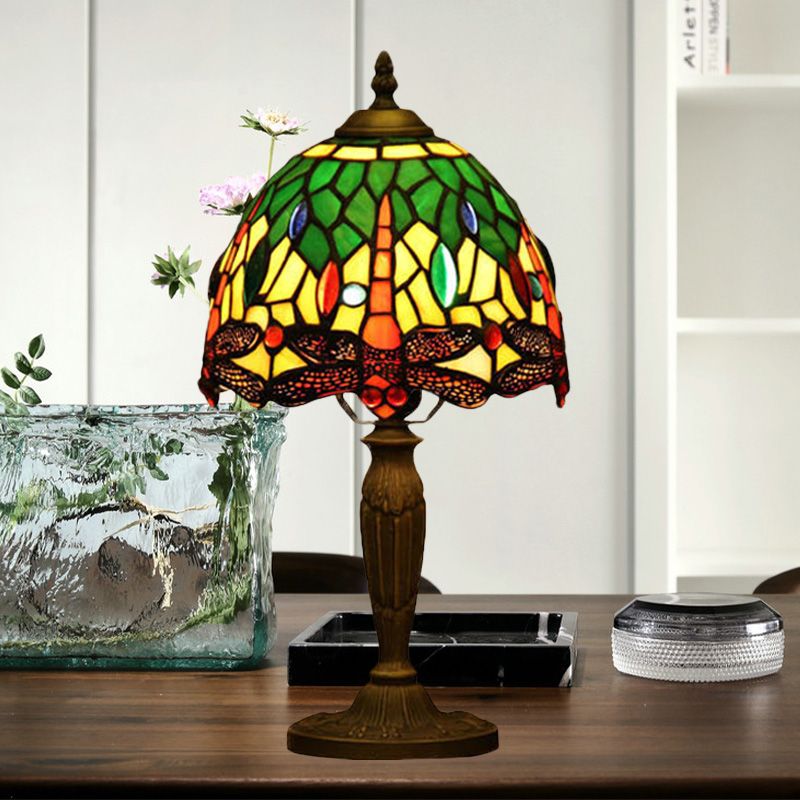 1-Light Bowl Night Lamp Mediterranean Orange/Blue/Green Cut Glass Dragonfly Patterned Desk Lighting for Coffee Shop